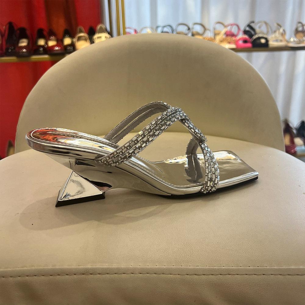 With stiletto sandals square head high heels temperament black medium shoes women's summer French one-word drag simple new outer wear