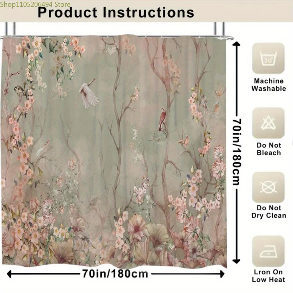 1pc Floral & Bird Pattern Shower Curtain - Pastel Background, Durable Polyester Fabric, Machine Washable with Hooks Included,