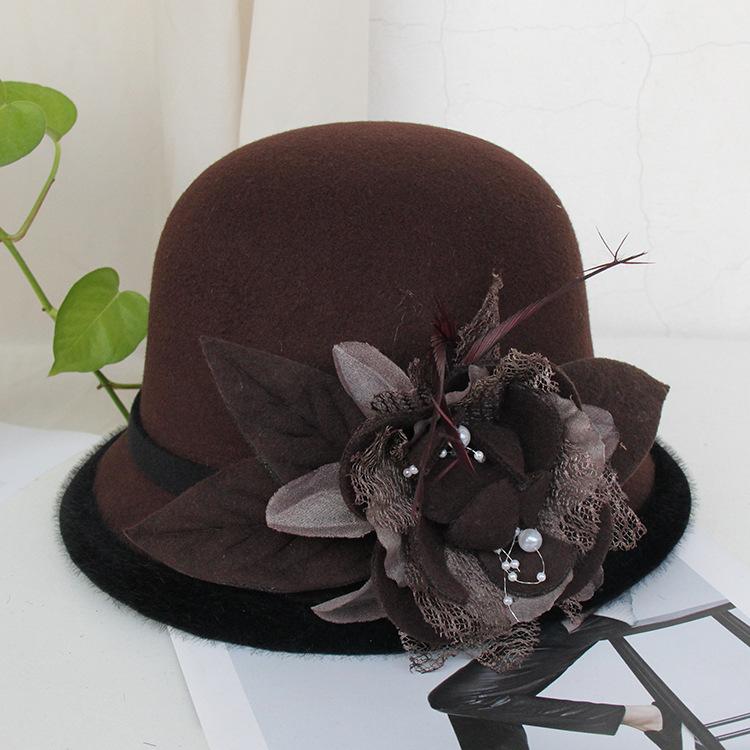 

Шляпа Женская Осень И Зима Шерстяная Шляпа с Черным Краем Повседневная Теплая Шляпа-Ведро Британская Шляпа-Топ с Перьями и Цветами Adjustable темный кофе