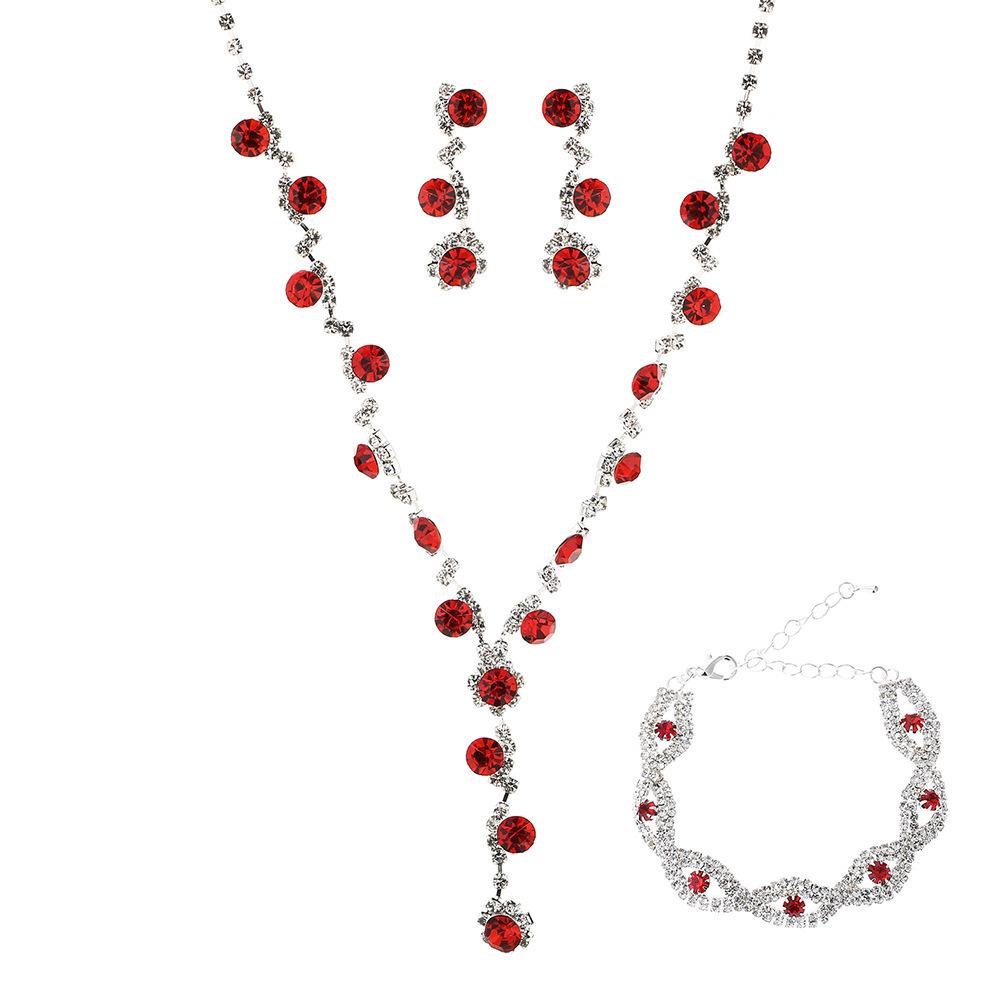 Multi-Color Jewelry Set New Shiny Full Diamond Women'S Wedding Jewelry Necklace Earrings Bracelet Three-Piece Set