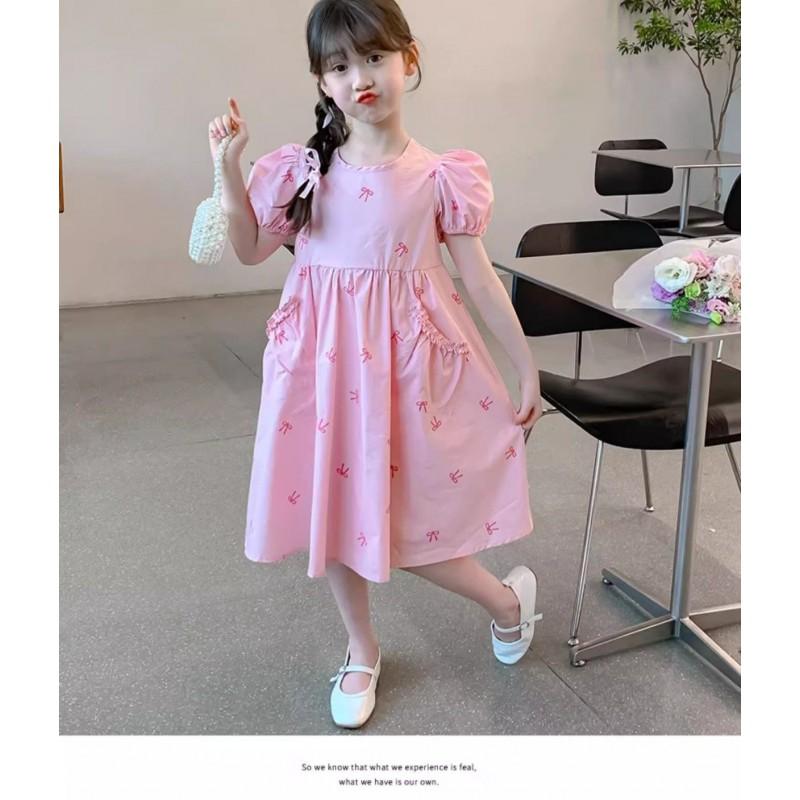 2026 Girls Dress Sweet Princess Style Puff Sleeve Bow Detail Kids Over 4 Years Old