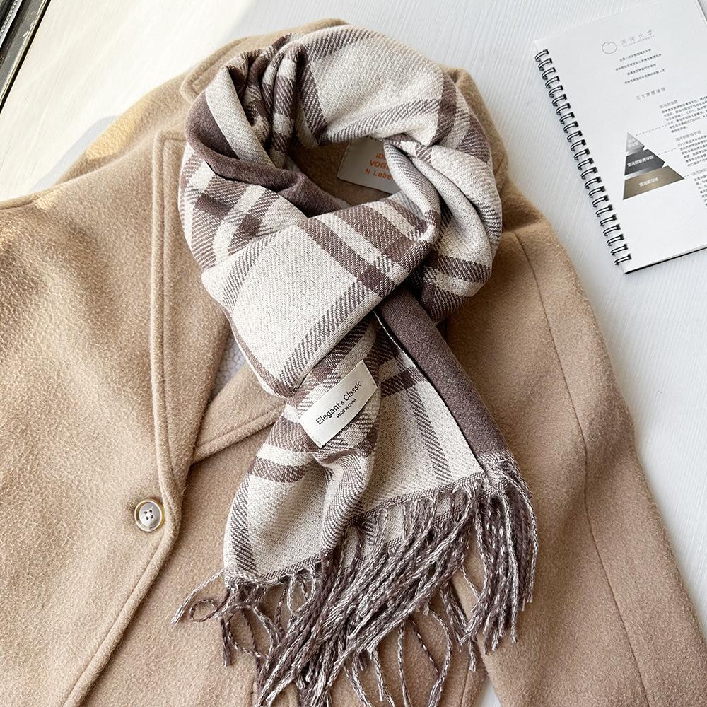 Double-sided Imitation Cashmere Tassel Autumn and Winter Scarf High End and Versatile Mid Length Plaid Couple Scarf for Men