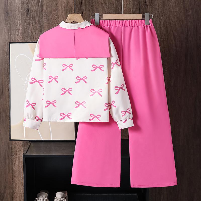 Girls' Fashion Set Autumn Children's Casual Bow, Detachable Shawl, Long-sleeved Shirt, Long Pants