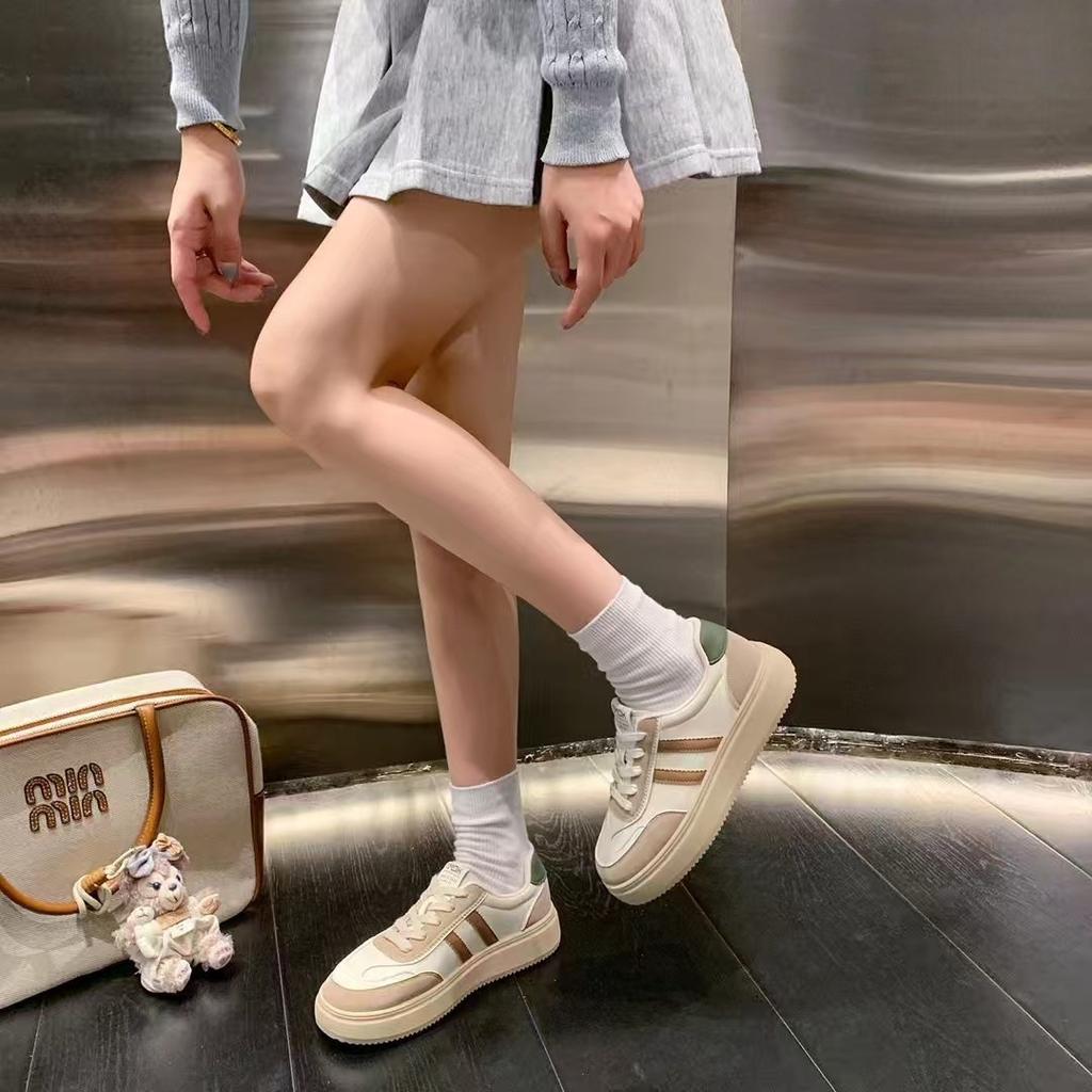 Retro Contrasting Color Splicing Platform Women's New Comfortable and Lightweight Round Head Lace-up Casual Board Shoes