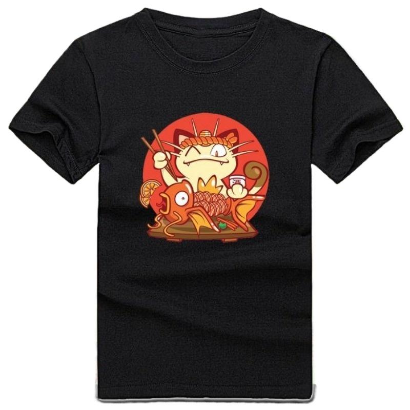 Pokémon Meowth Eats Magikarp Tshirt Cotton Tee Mens 2026 Summer Fashion Oversize Street Casual Y2K Tops Streetwear Clothing S
