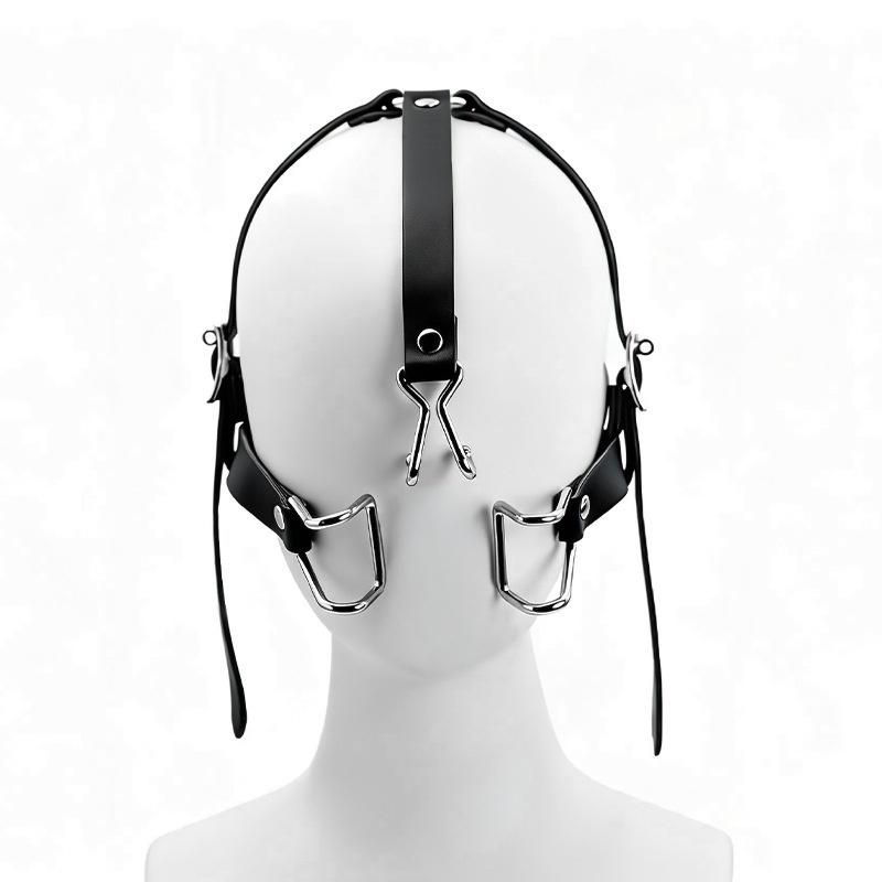 Leather-and-Metal Head-Mounted Mouth Gag with SM Training Features Alternative Control Nose Hook Integrated Mouth Expander Sex