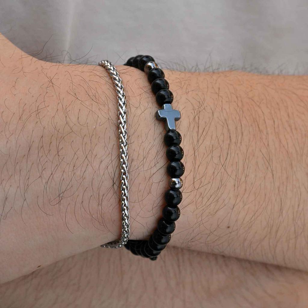 Vnox Men's Stainless Steel Cross Charm Bracelet, Adjustable Black Agate Bead Wristband, Birthday Party Jewelry Gift for Him