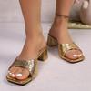 Plus Size Luxury High Heels Sandals Women Gold Pu Leather Square Toe Party Slippers Summer Comfort Non Slip Square Heels Sandals