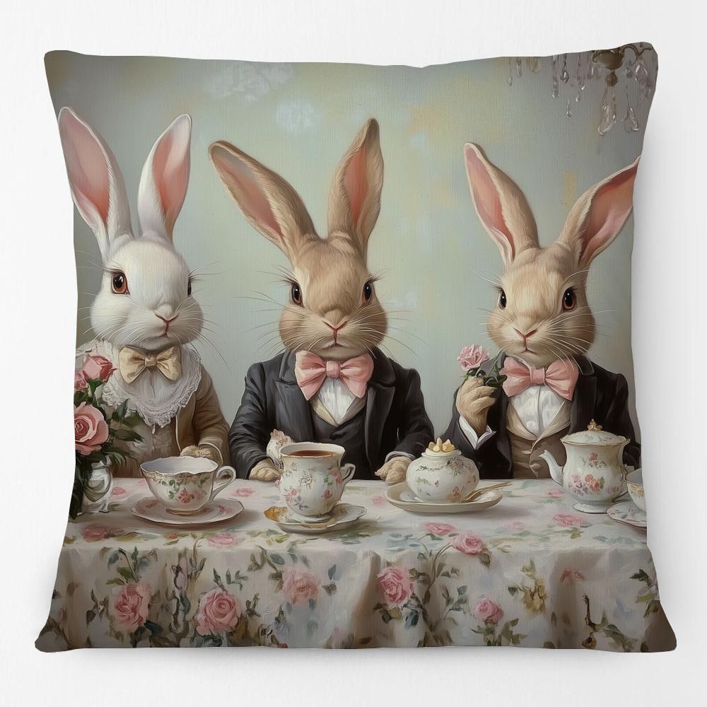 Vintage Easter Girl Cushion Cover Victorian Rabbit Bunny Portrait Print Decorative Pillow Case
