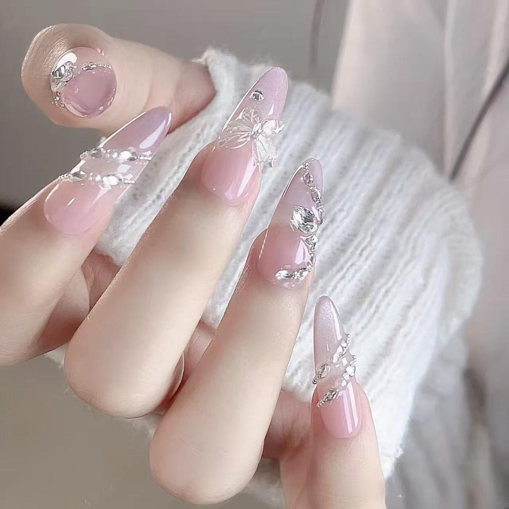 Ethereal 3D Butterfly & Snake Rhinestone Cat Eye Long Nude Nails