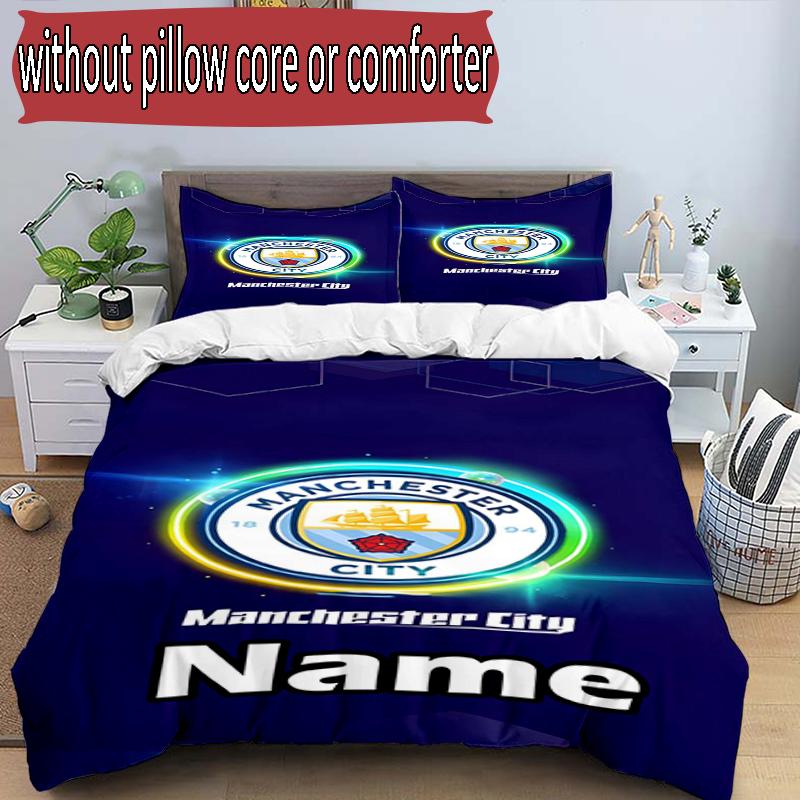 3pcs Duvet Cover Set (1*Duvet Cover + 2*Pillowcase, Without Core), Custom Name Manchester City FC Pattern Bedding Set, Home Bedroom Decor Gift