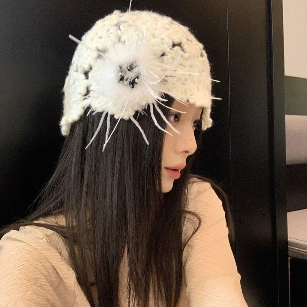Bohemian Hollow Knitted Beanies Hat Weave Y2K Sweet Hat Vintage Casual Turban Hat  Autumn