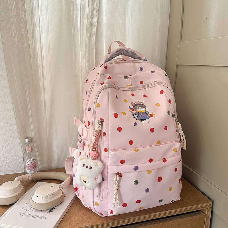 New High-value, Fresh and Sweet Polka Dot Backpack for Junior High School Students, Contrasting Colors, Lightweight and Large-capacity Backpack.