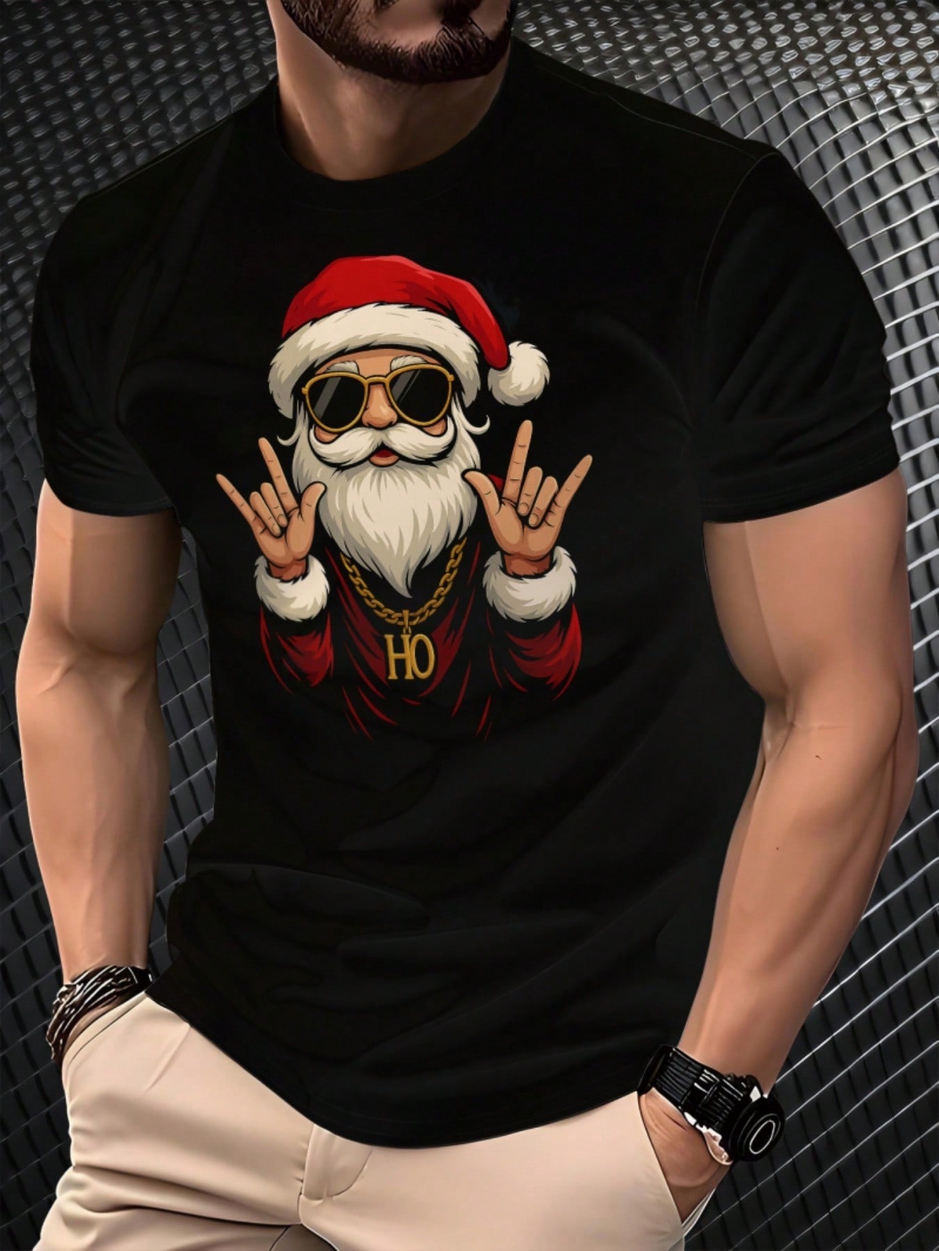 

Men S Christmas Santa Claus Graphic T-Shirt - Black Casual Crew Neck Tee with Holiday Design, Perfect for Holiday Parties 5XL різнокольоровий