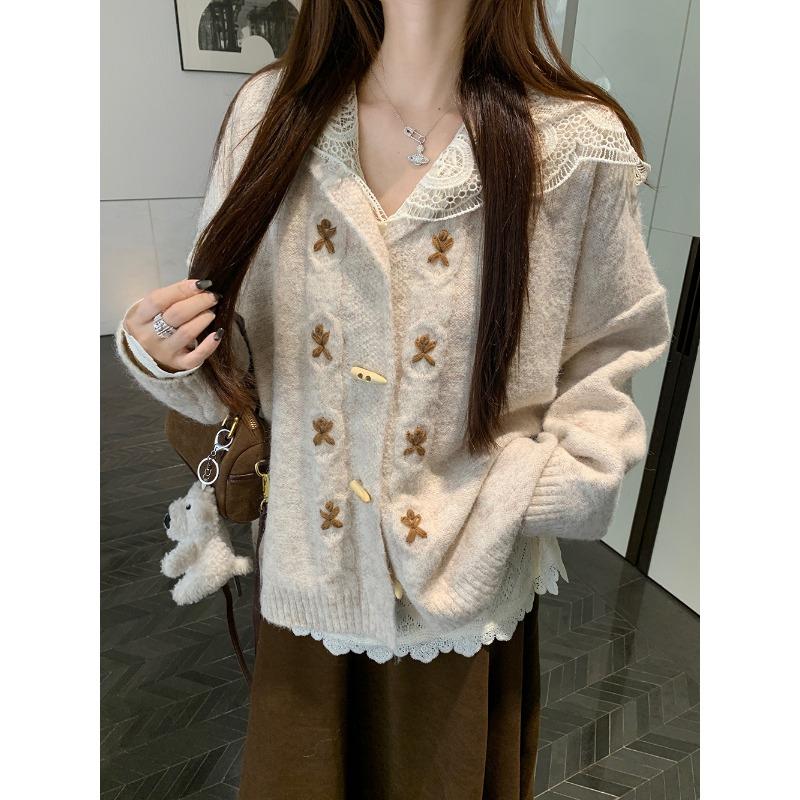 

Autumn new women s top knitted sweater loose lazy wind horn buckle autumn cardigan sweater women s coat L