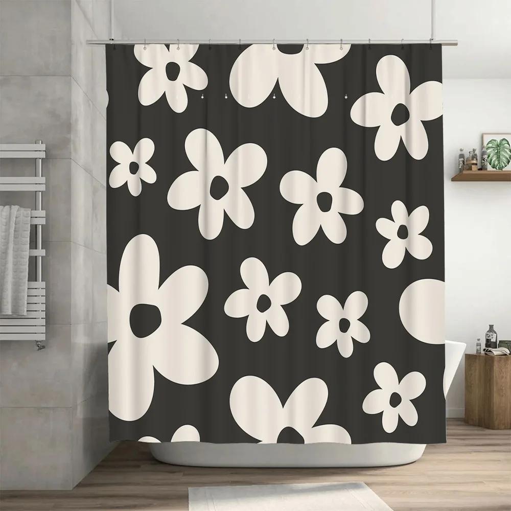 Modern Floral Print Shower Curtain White Black Bathroom Decor Waterproof Rectangular Size 180x240cm (Durable Polyester Fabric)