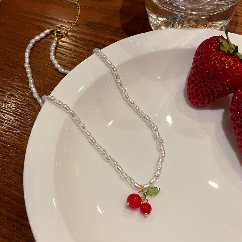 Pearl Cherry Necklace - Women's Luxury Choker, Sweet Fresh Clavicle Chain