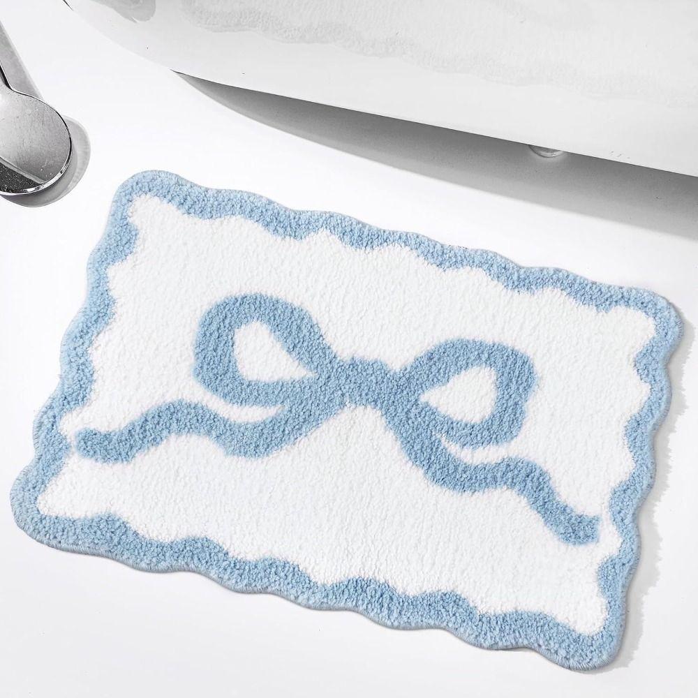 Pink Blue Preppy Scalloped Rug Bow Decor Girly Shower Rug  for Bedroom Kitchen Bathroom Floor