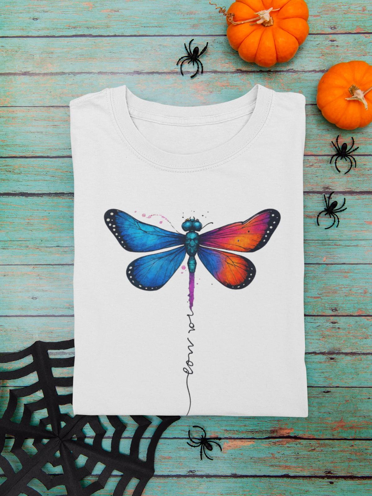 Colorful Dragonfly Love Script Watercolor Boho Art Graphic T-Shirt A94 XS