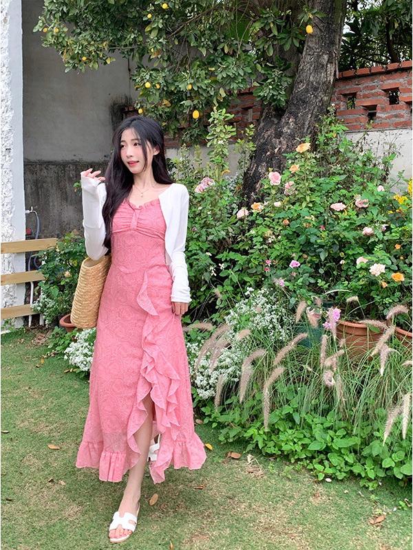 Plus Size Rose Pattern French Style Strappy Dress with Waist Cinching, Ruffle Trim, and Long Skirt
