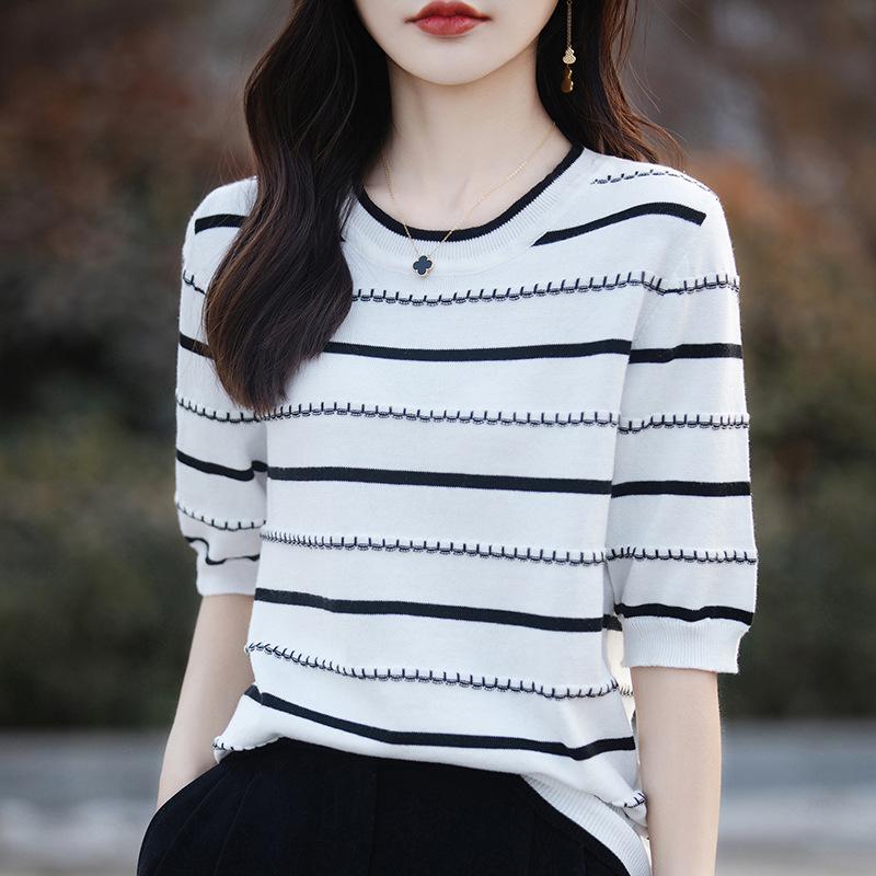 T-shirt a righe a maniche corte da donna Sottile Girocollo Maglione a maniche corte a contrasto Colore Top in maglia da donna