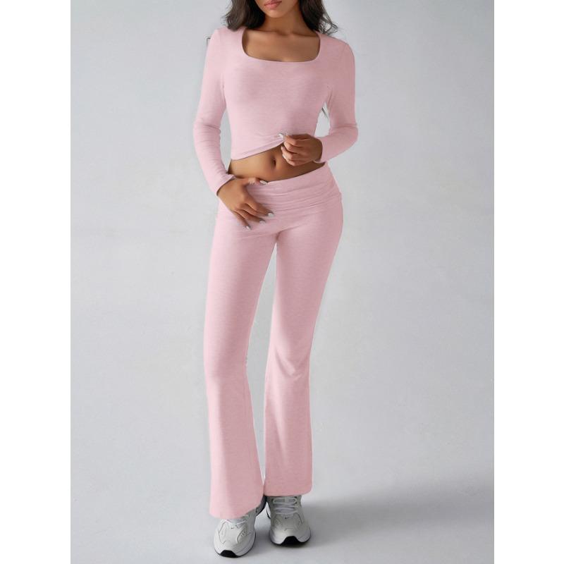 Autumn Women's Solid Colour Casual Knit Long Sleeve Top Yoga Wear Pants Suit