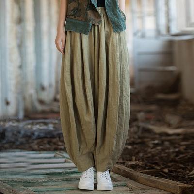 Women Bloomers Pants Solid Color Elastic Waist Spring Ramie Trouser Pockets Loose Women Vintage Long Pants