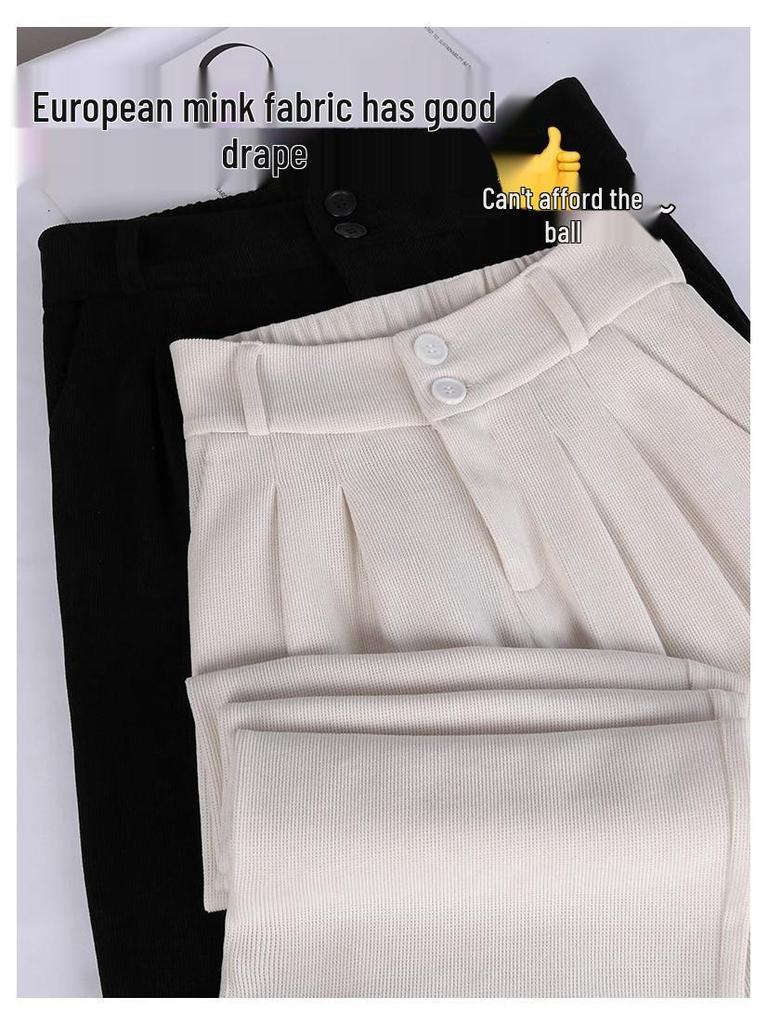 Women's Petite Dark Gray Corduroy Wide-Leg Suit Pants with Fleece Lining for Autumn/Winter