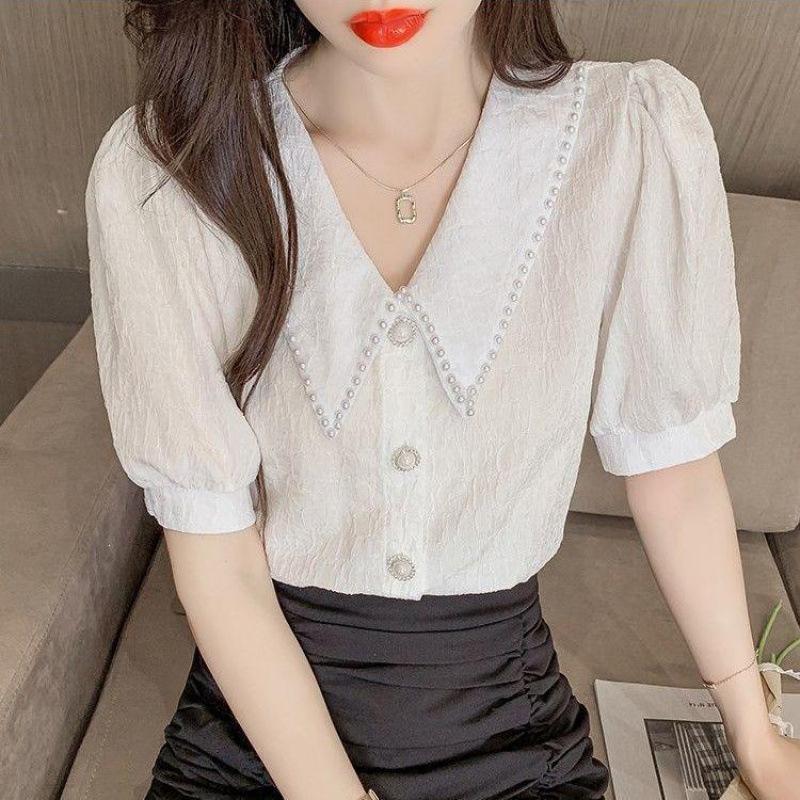 Women's Peter Pan Collar Short Sleeve Blouse Regular Fit Sweet French Vintage Shirt Summer Puff Sleeve Textured Short Top