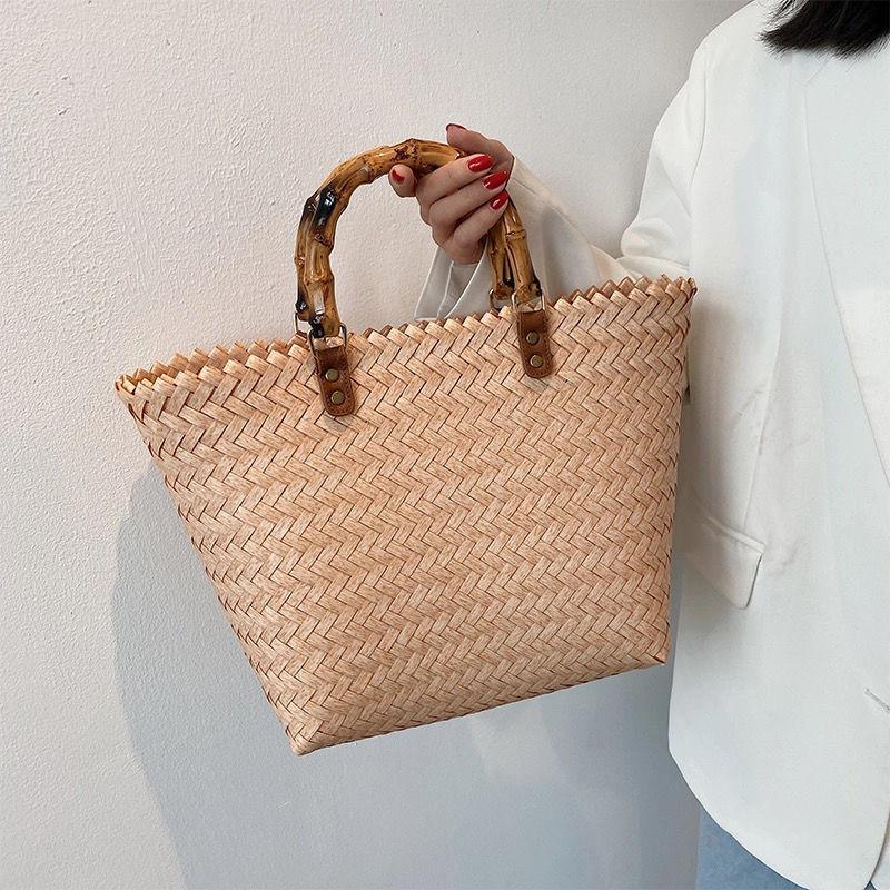 Yogodlns Sommer Stroh Tasche Frauen Große Kapazität Strand Tasche Weben Handgemachte Griff Tasche Mode Kintted Tote Tasche Urlaub Große Handtasche