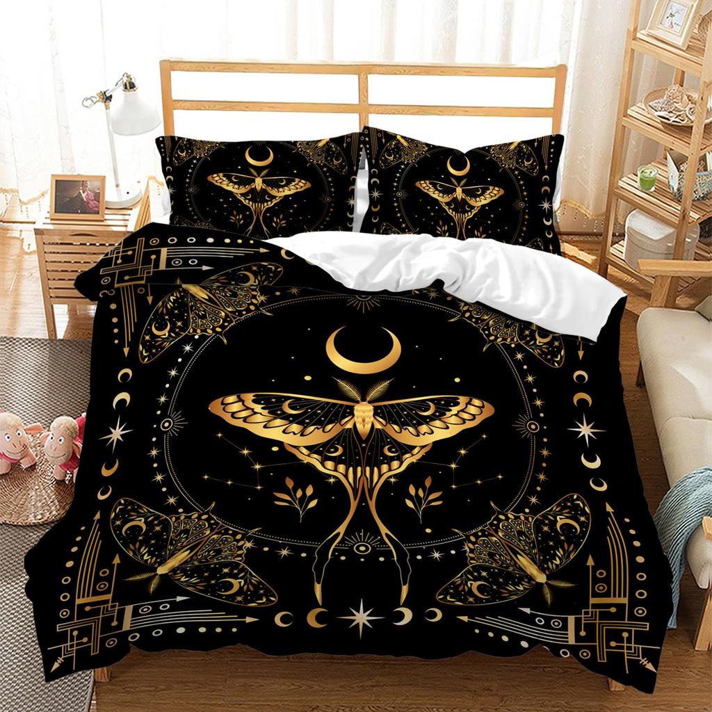 Gothic Moth Duvet Cover, Butterfly Bedding Set Full Queen Flower Weed Botanical Comforter Cover Psychedelic Galaxy Quilt Cover