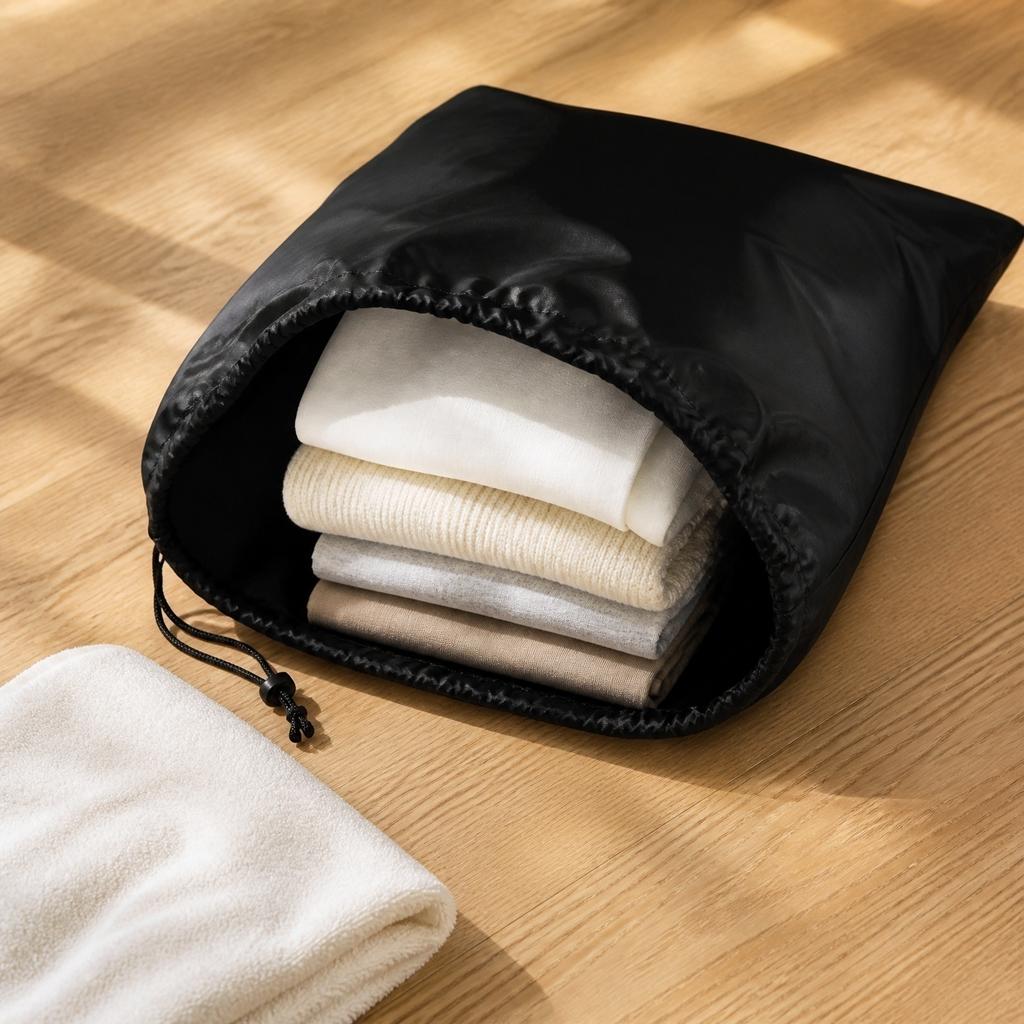 Black Drawstring Storage Bag, Foldable for Travel Home