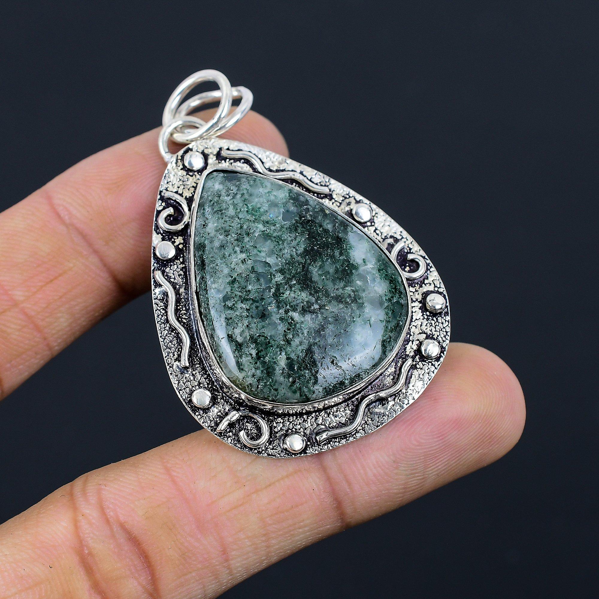 

Mothers day Sale Pear Solar Moss Agate Stone New Pendant Jewelry Sterling Silver