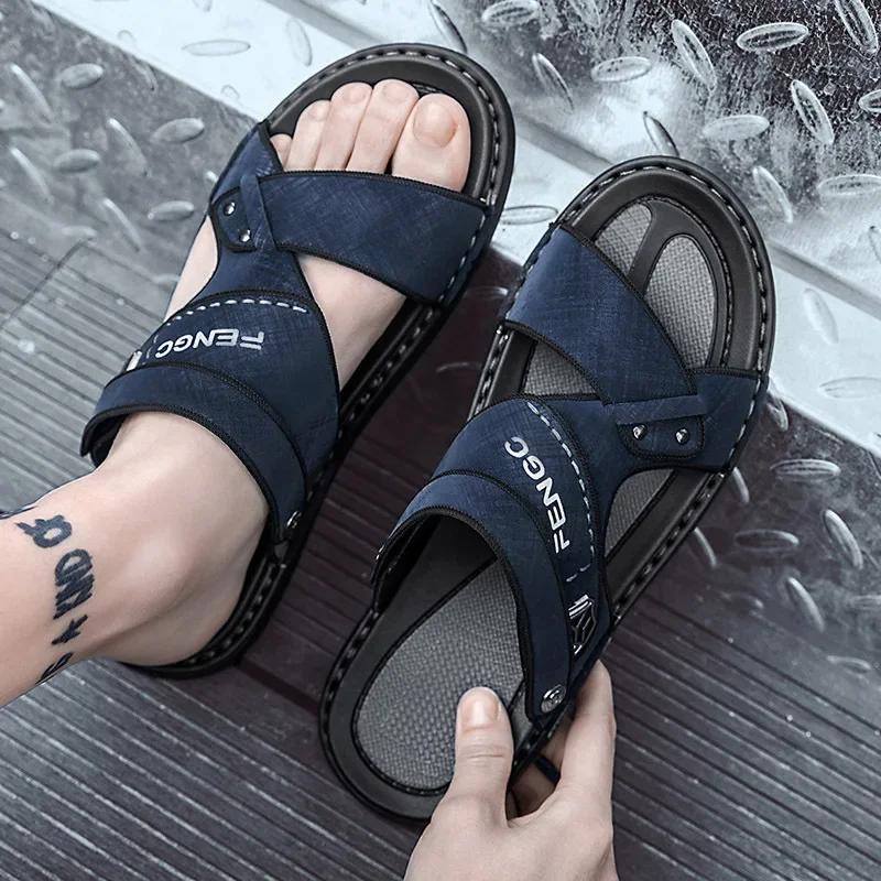 Sandálias para Homens 2024 Novas Sandálias Plataforma Casuais Moda Masculina Sapatos Baixos de Verão Chinelos de Couro Hombre Plus Size 38-44