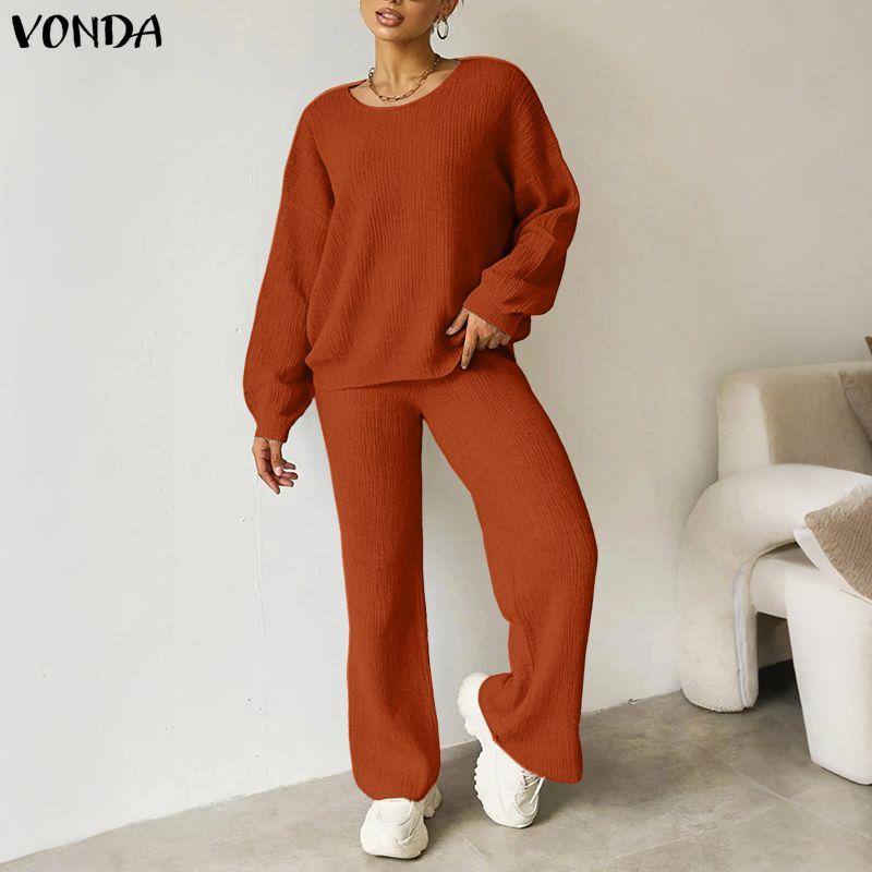VONDA Spring Autumn Women Outfits Long Sleeve Rib Blouse and Pants Two Piece Knitted Suits