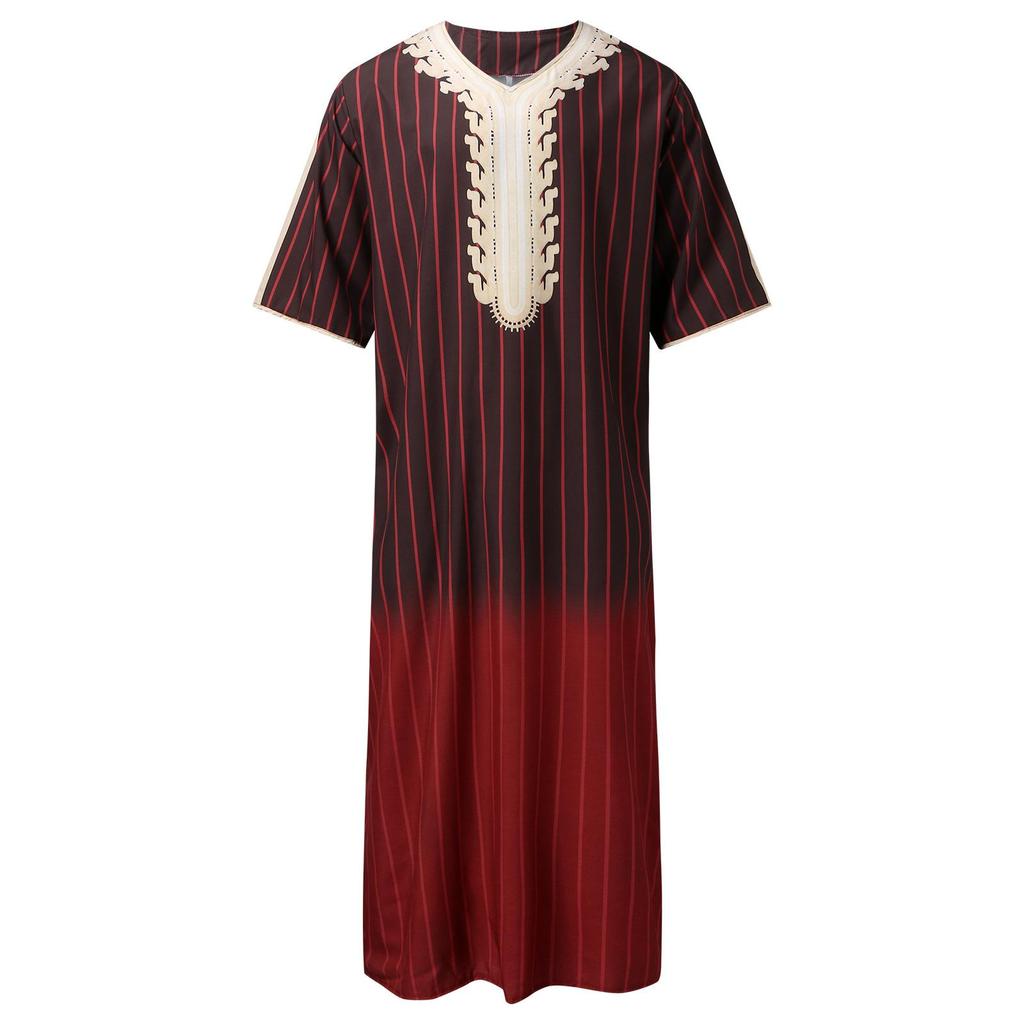 Arabische Robe für Herren, lockerer V-Ausschnitt, kurzärmelig, mit orientalischem Aufdruck, muslimische Herrenkleidung