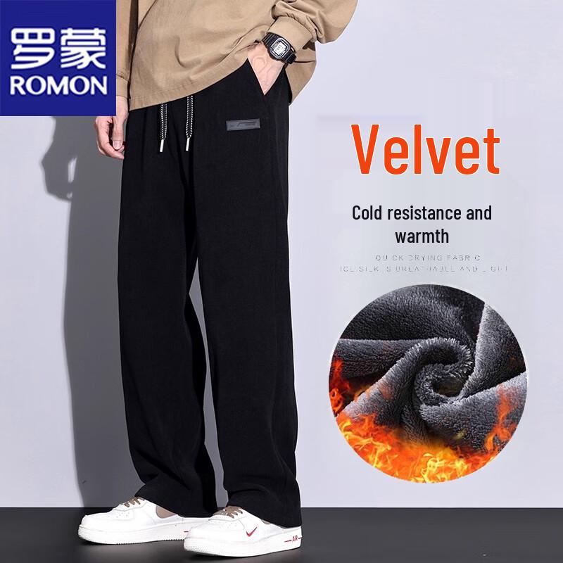 Romon Men's Autumn Corduroy Fleece-Lined Wide Leg Casual Pants