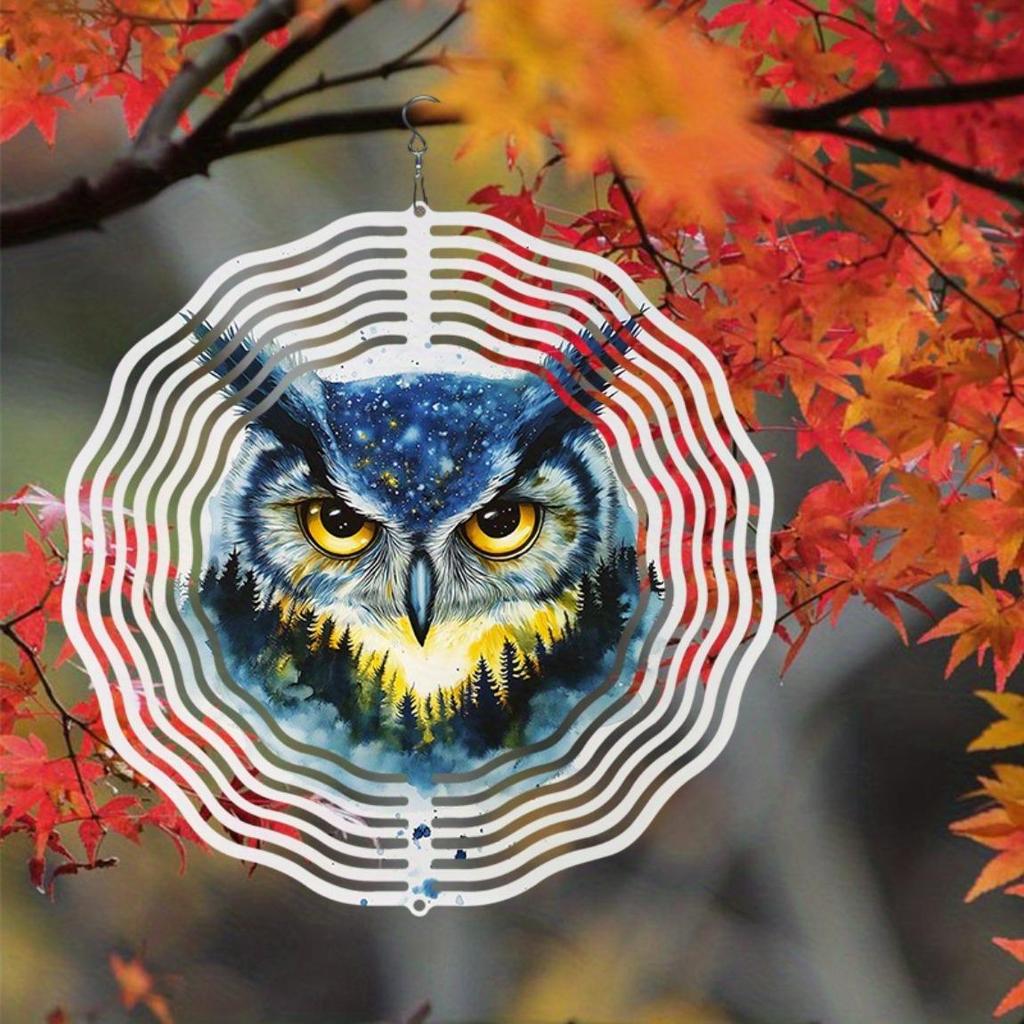 Metal Owl Wind Chime Outdoor Garden Decor with Starry Night Sky Pine Trees Snowflakes Design for Patio Porch Holiday Christmas Decoration