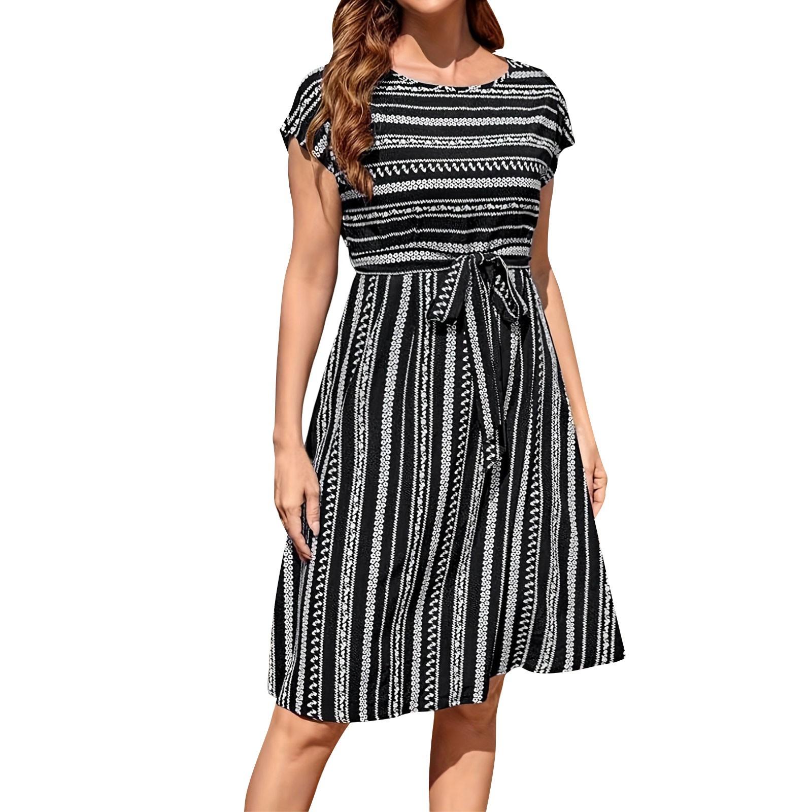 

Women s Dresses Vintage Irregular Striped Belted Sleeveless Dresses L чорний