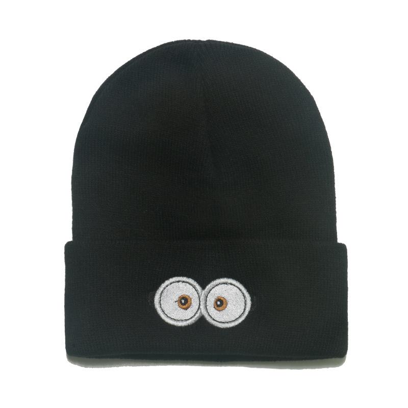 

Autumn and winter new knitted hat warm ski hat casual cute cartoon glasses eyes wool hat Beanie M（56-58cm） чорний