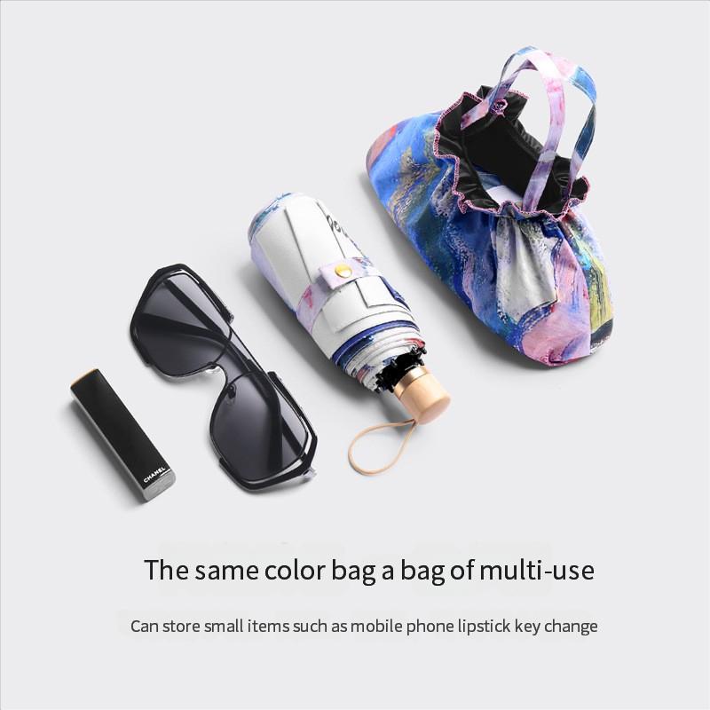 50% Fold 8-bone Double-layer Vinyl Double-flower Sun Umbrella Female Illustration Hand-painted Style Small and Convenient Sun Pr