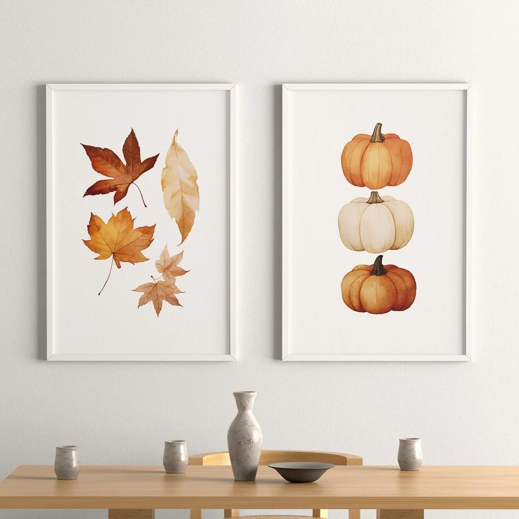 Zucche Carine Foglie d'Autunno Stampe su Tela ad Acquerello Ciao Autunno Poster per Parete per Soggiorno Moderno Decorazioni per la Casa di Halloween