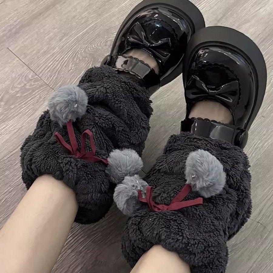 Autumn Winter Warm Knit Plush Socks Cute Bow Pom Pom Leg Warmers Japanese Stacked JK Mid Calf Socks