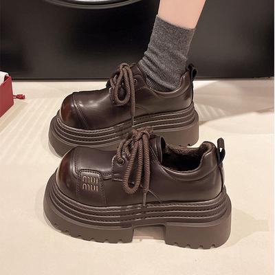 British Style Big Head Lace-up Small Leather Shoes Women's 2025 Spring New Fashion Small Man Height Increase Platform Loafer Single Shoes