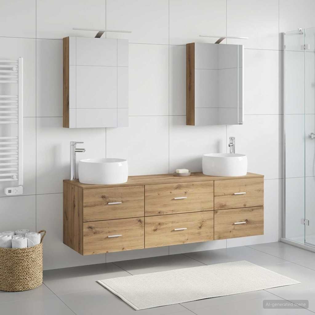 5 Piece Bathroom Furniture Set Artisan Oak Engineered Wood & Glass