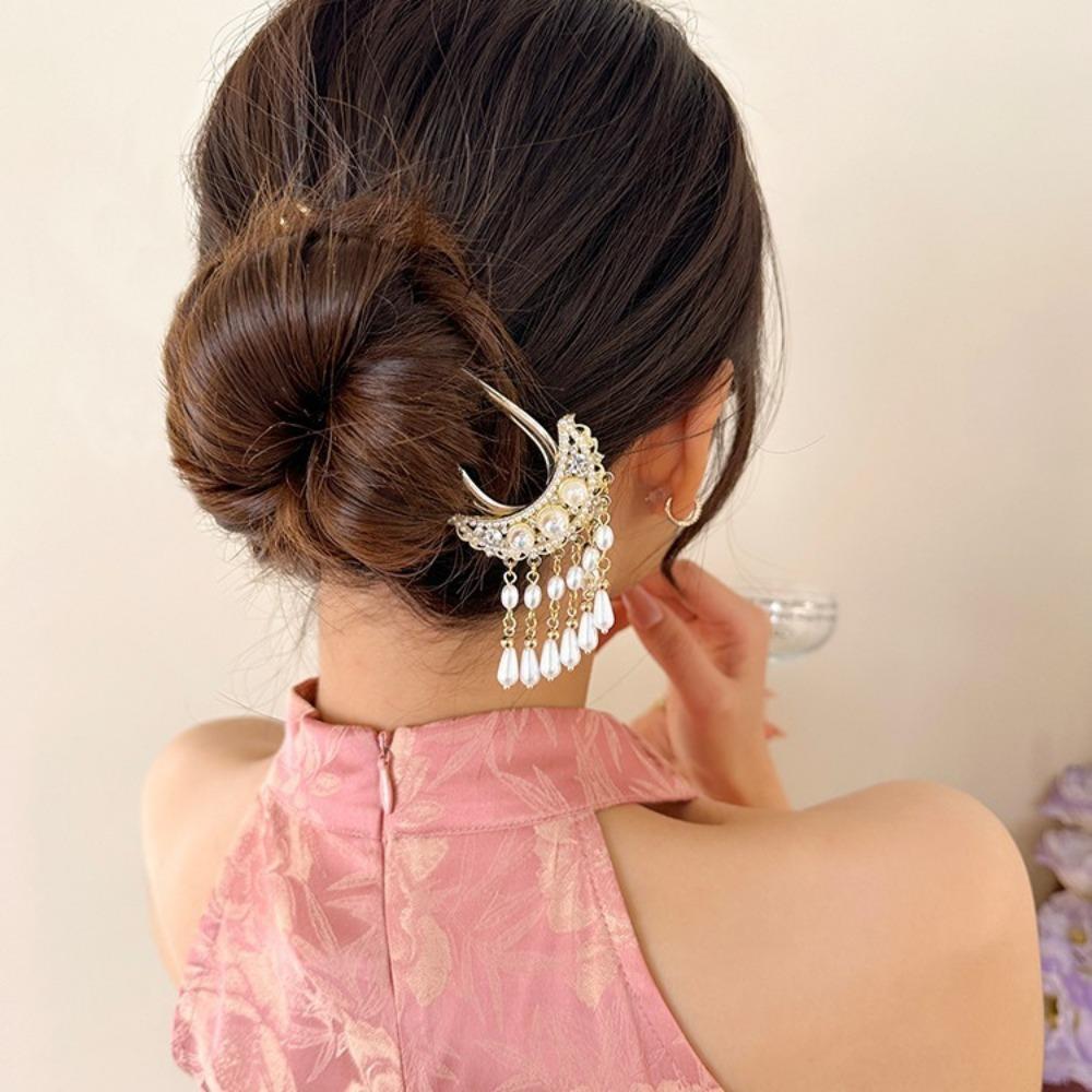 1pc U Shaped Hair Sticks Forks Pearls Tassel Pendant Decor Ancient Chinese Hair Bun Maker Shiny Rhinestone Designs