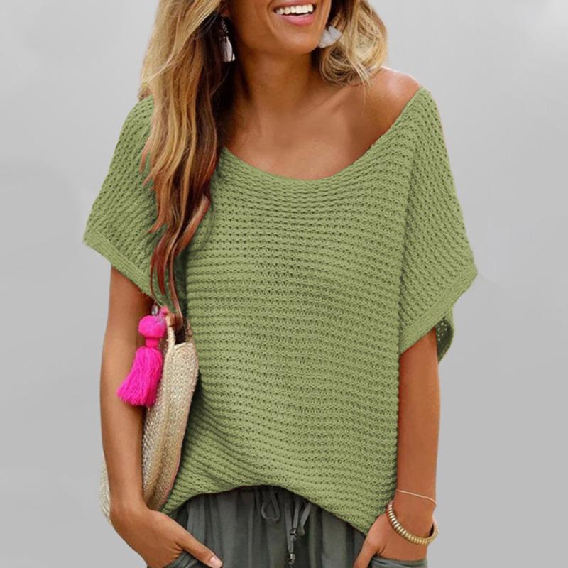 Summer Fashion Casual Round Neck Solid Color Knitted Sweater Loose Short Sleeved Women's Top