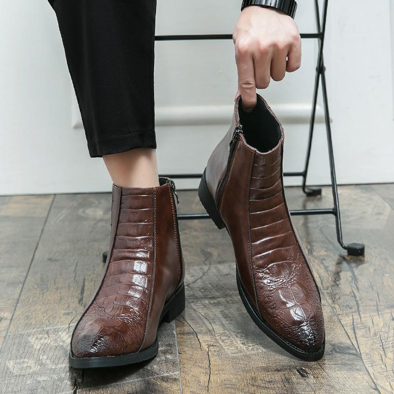 Autumn and Winter Trend Casual High-top Leather Shoes Side Zipper Chelsea Leather Boots Men's British Retro Heightening Martin Boots