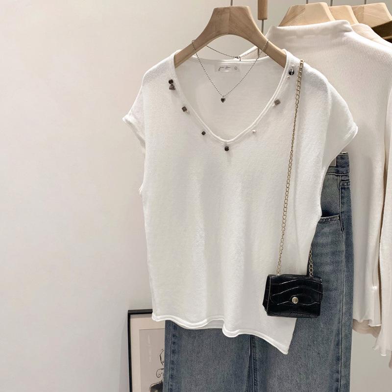 2026 Summer Beaded Short-Sleeve Women s T-Shirt – Unique and Stylish Design Medium белый