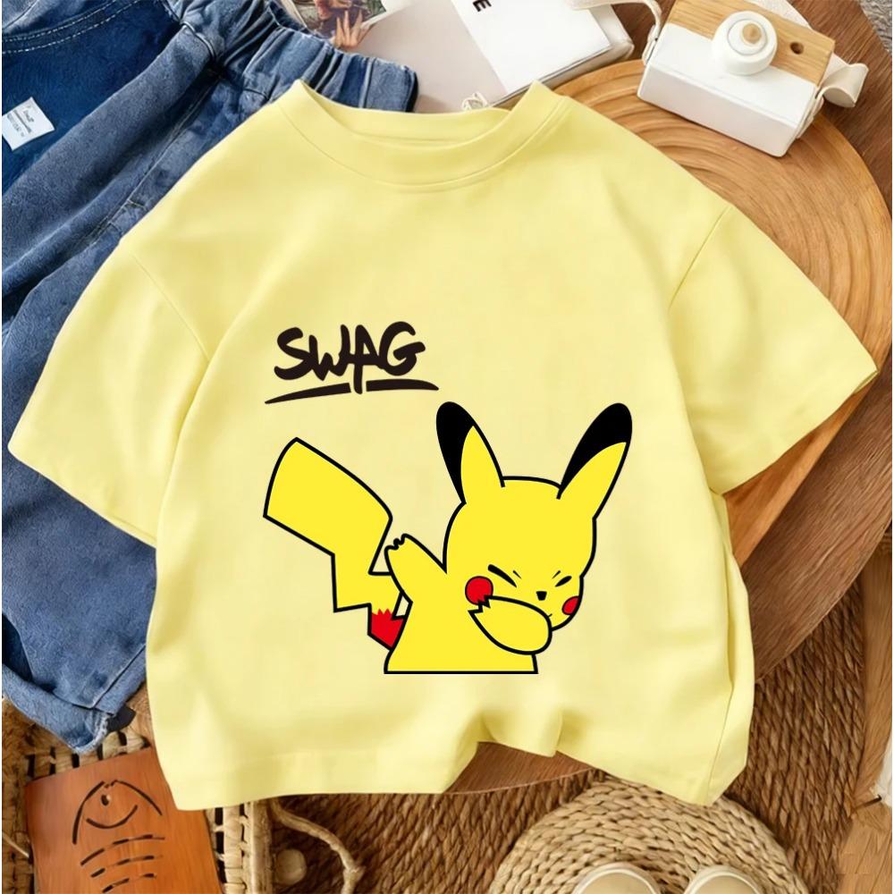 Children Fashion Street Tee Pikachu Cute Cartoon Print For Boys Girls Summer Casual Comfort Wear 3-14 Years